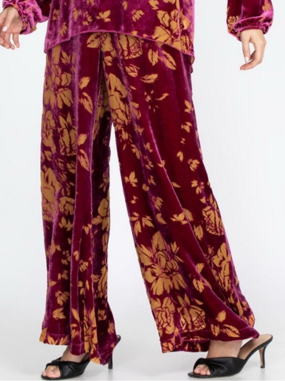 Johnny Was Floral Wide-Leg Rising Moon Easy Pant Burgundy Gold Size XL